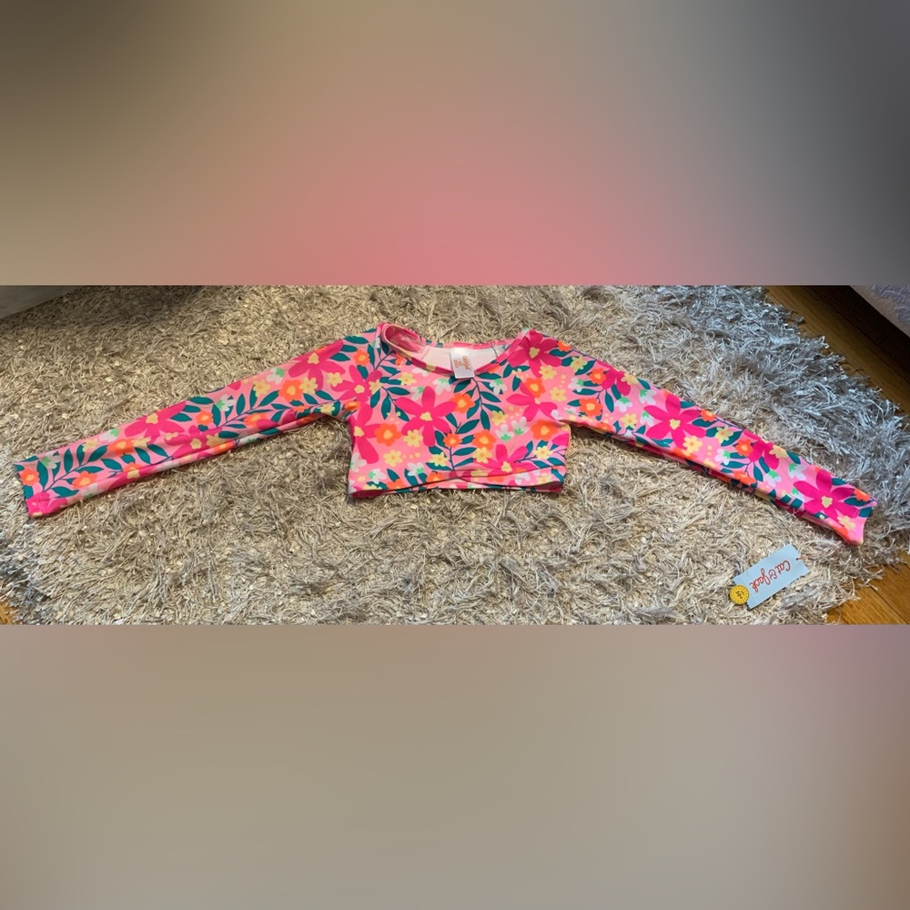 Cat & Jack Hot Pink Floral Long-Sleeve Crop Swim Top size S(6/7) NWT